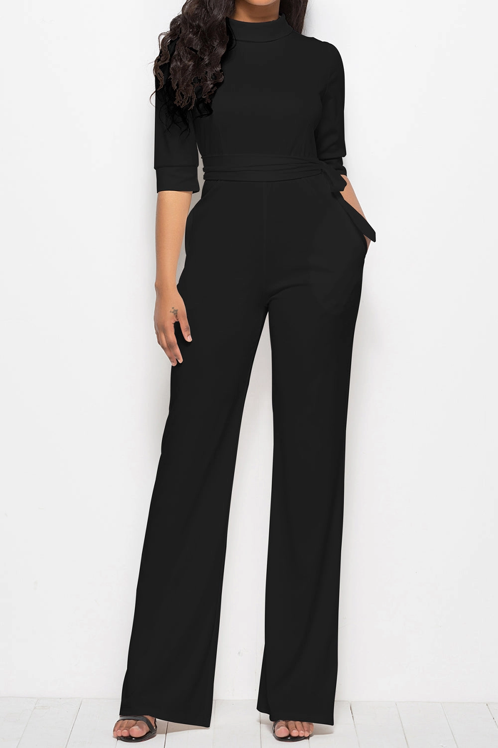 Mock Neck Tie-Waist Half Sleeve Jumpsuit Online Exclusive Steal Save More Now