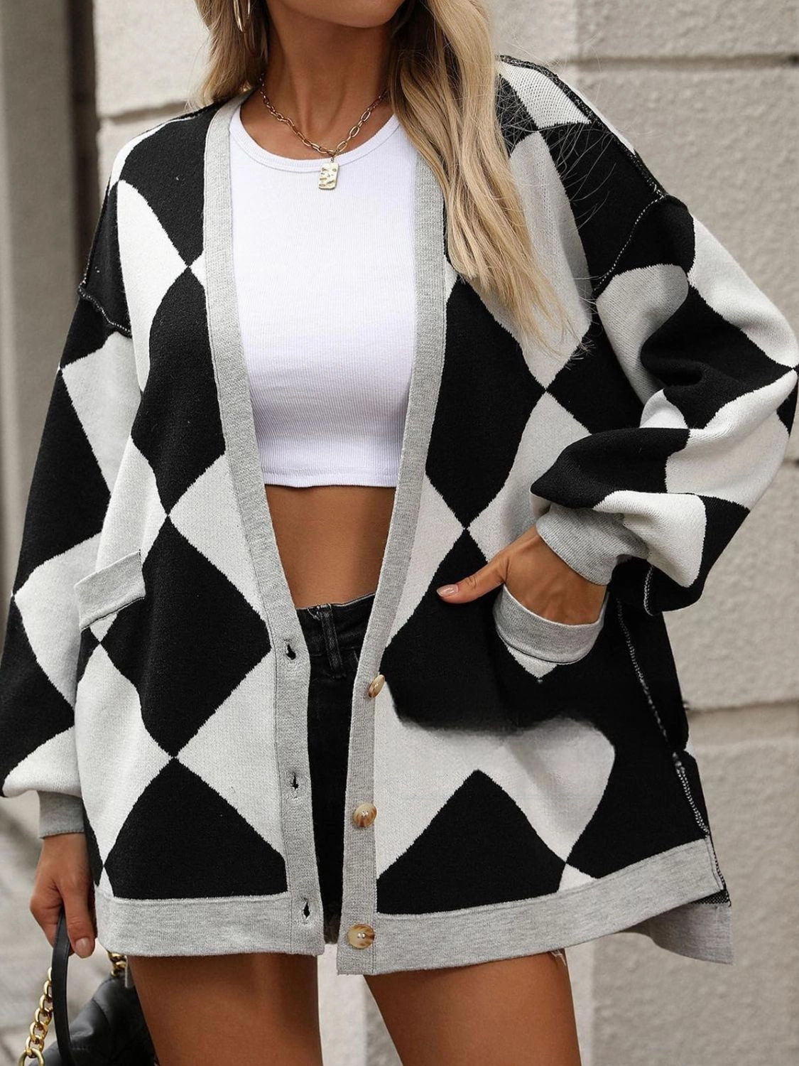 Special Deal Frenzy Color Block Button Down Long Sleeve Cardigan