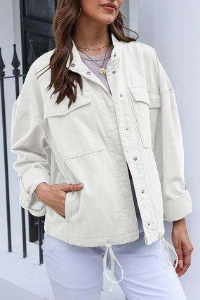 Drawstring Snap Down Dropped Shoulder Denim Jacket Hot Offer Ending Soon