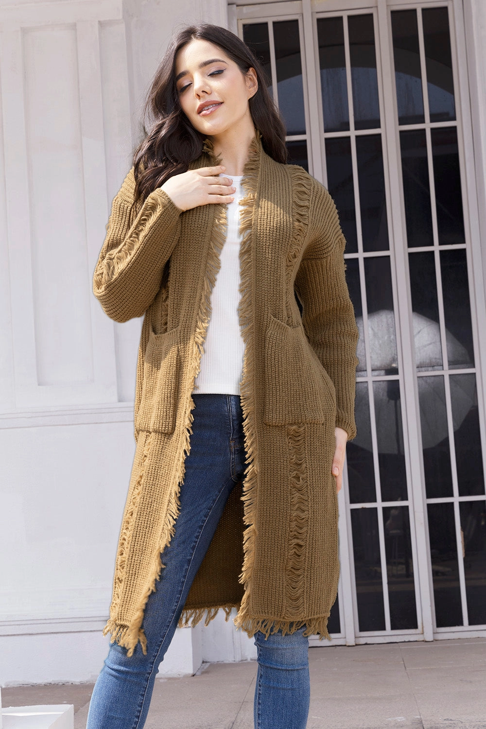 Fringe Trim Open Front Cardigan With Pockets Todays Hot Savings