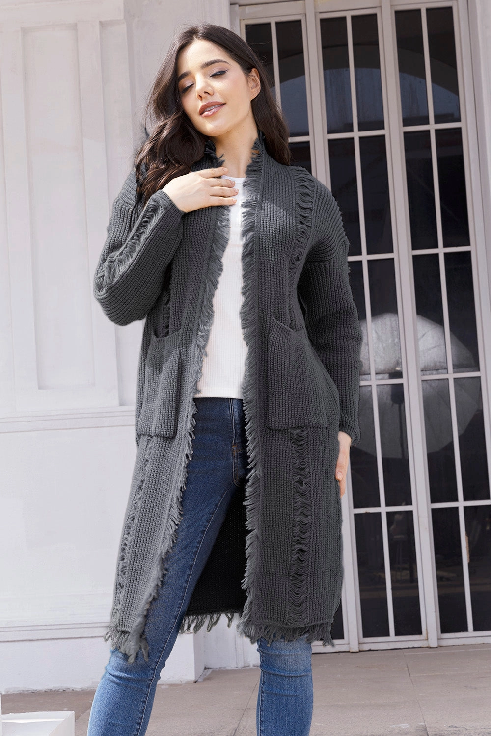 Limited Stock Offer Fringe Trim Open Front Cardigan With Pockets