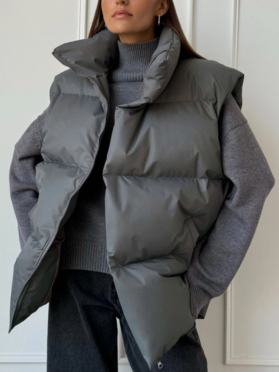 Exclusive Holiday Deal Trending Hot Deal Zip Up Turtleneck Vest Coat