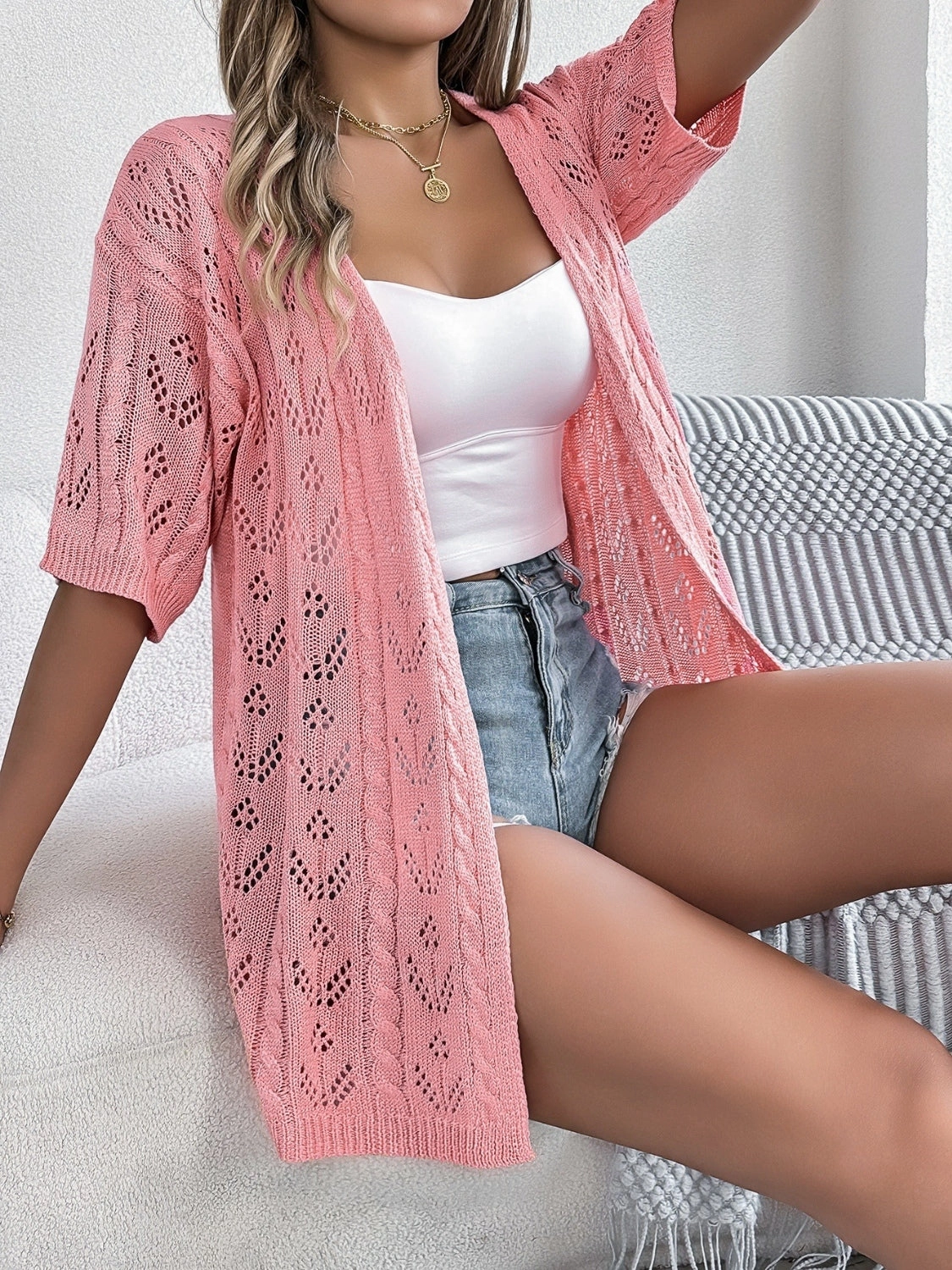 Shop Todays Picks Openwork Open Front Half Sleeve Cardigan