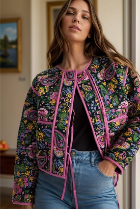 Tied Printed Long Sleeve Jacket Surprise Discount Today