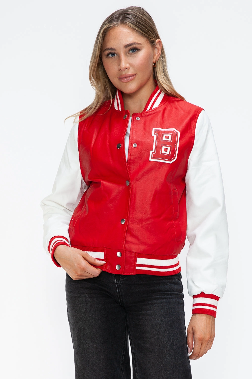Love Me Now Pu Leather Contrast Snap Down Bomber Jacket Dont Miss This Offer Save Today Only