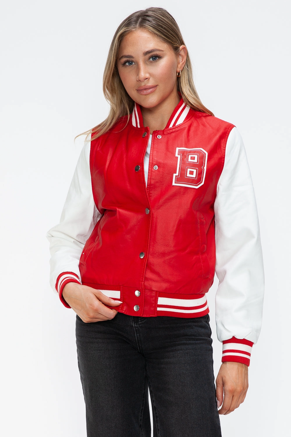 Instant Deal Today Online Exclusive Savings Love Me Now Pu Leather Contrast Snap Down Bomber Jacket