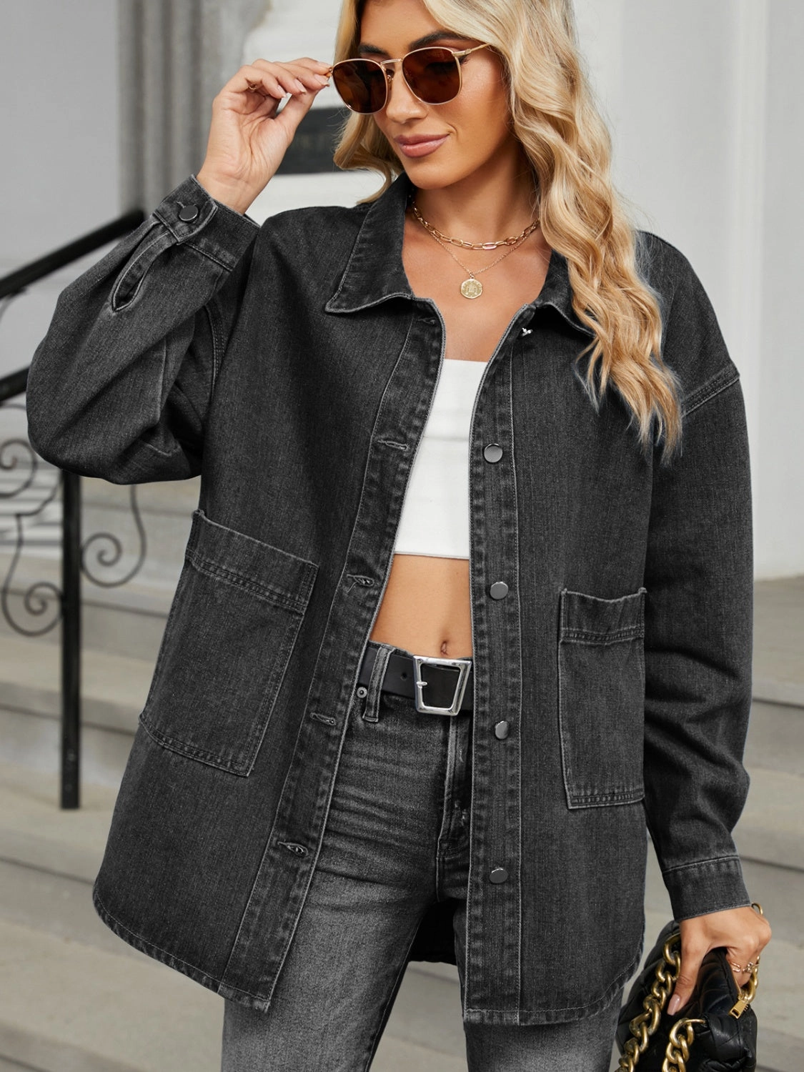 Removable Hood Button Up Long Sleeve Denim Jacket Mega Online Discount Today Only Hot Pick