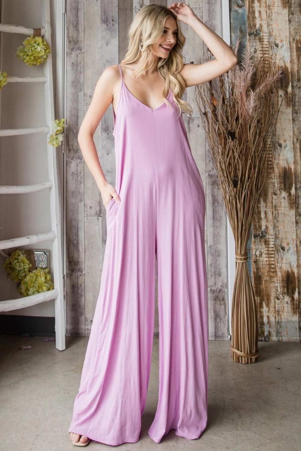 Veveret Pocketed Spaghetti Strap V-Neck Wide Leg Jumpsuit Big Sale Today EndofWeek Deals
