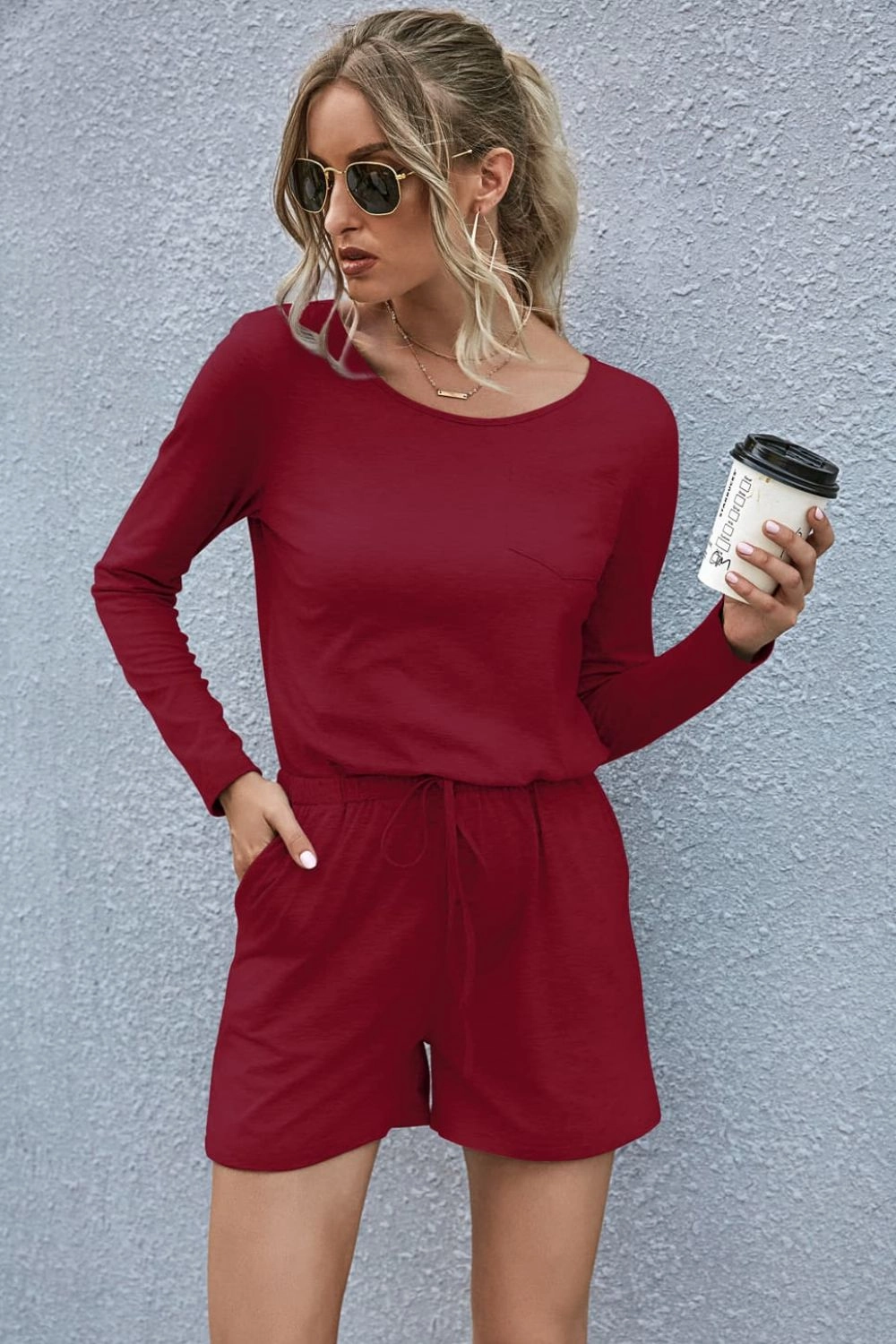 Drawstring Waist Long Sleeve Romper Today Only Savings