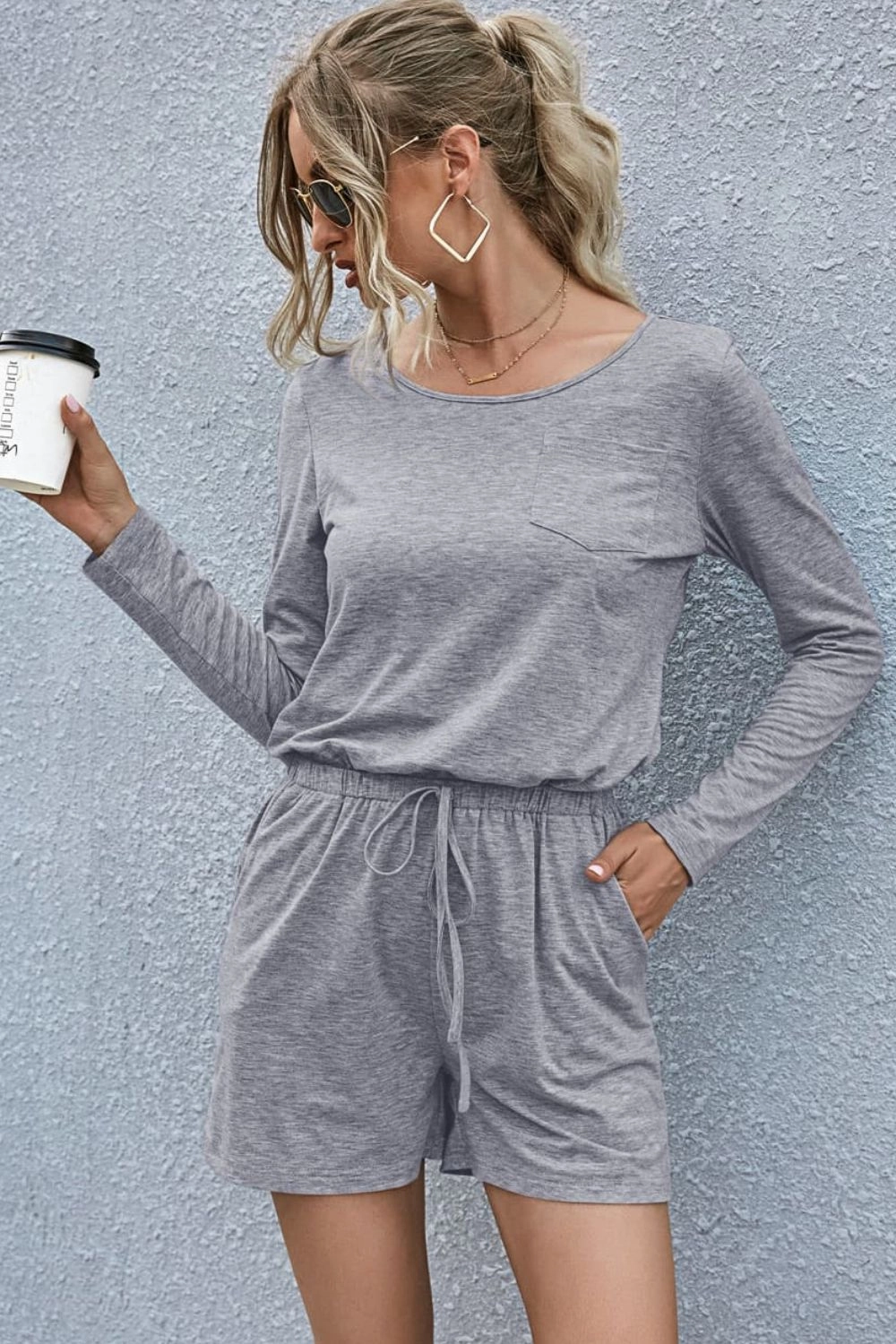 Flash Pick Today Drawstring Waist Long Sleeve Romper