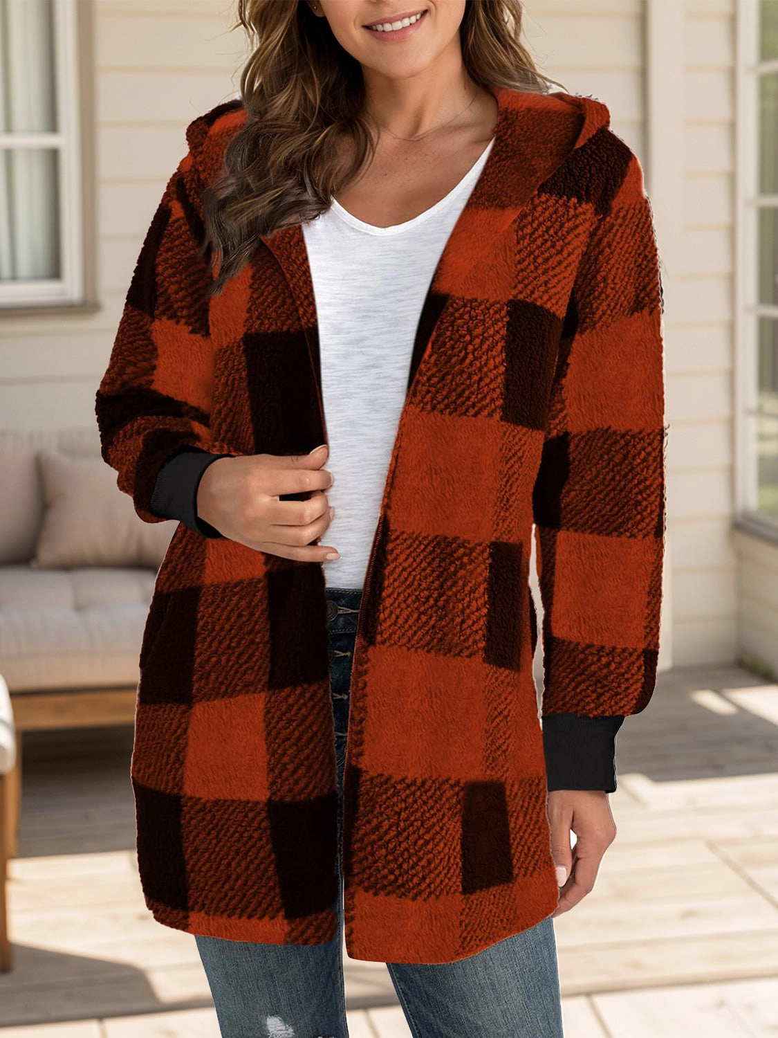 Hot Sale Frenzy Plaid Long Sleeve Hooded Coat