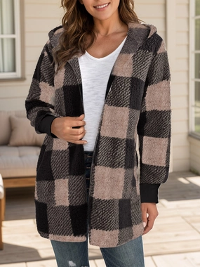Plaid Long Sleeve Hooded Coat Surprise Discount Today Exclusive Online Offer