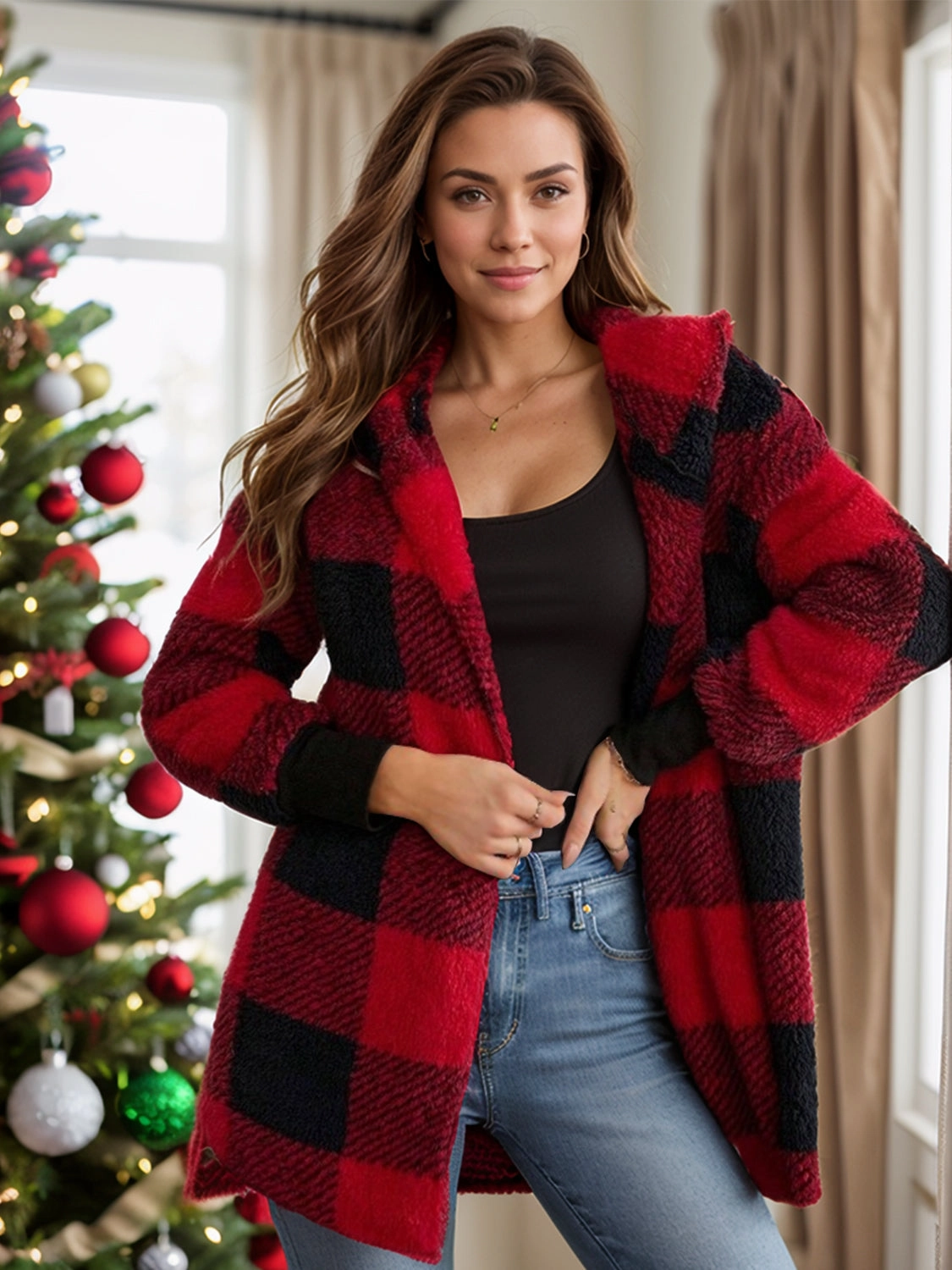 Weekend Sale Special Hot Pick Sale Plaid Long Sleeve Hooded Coat