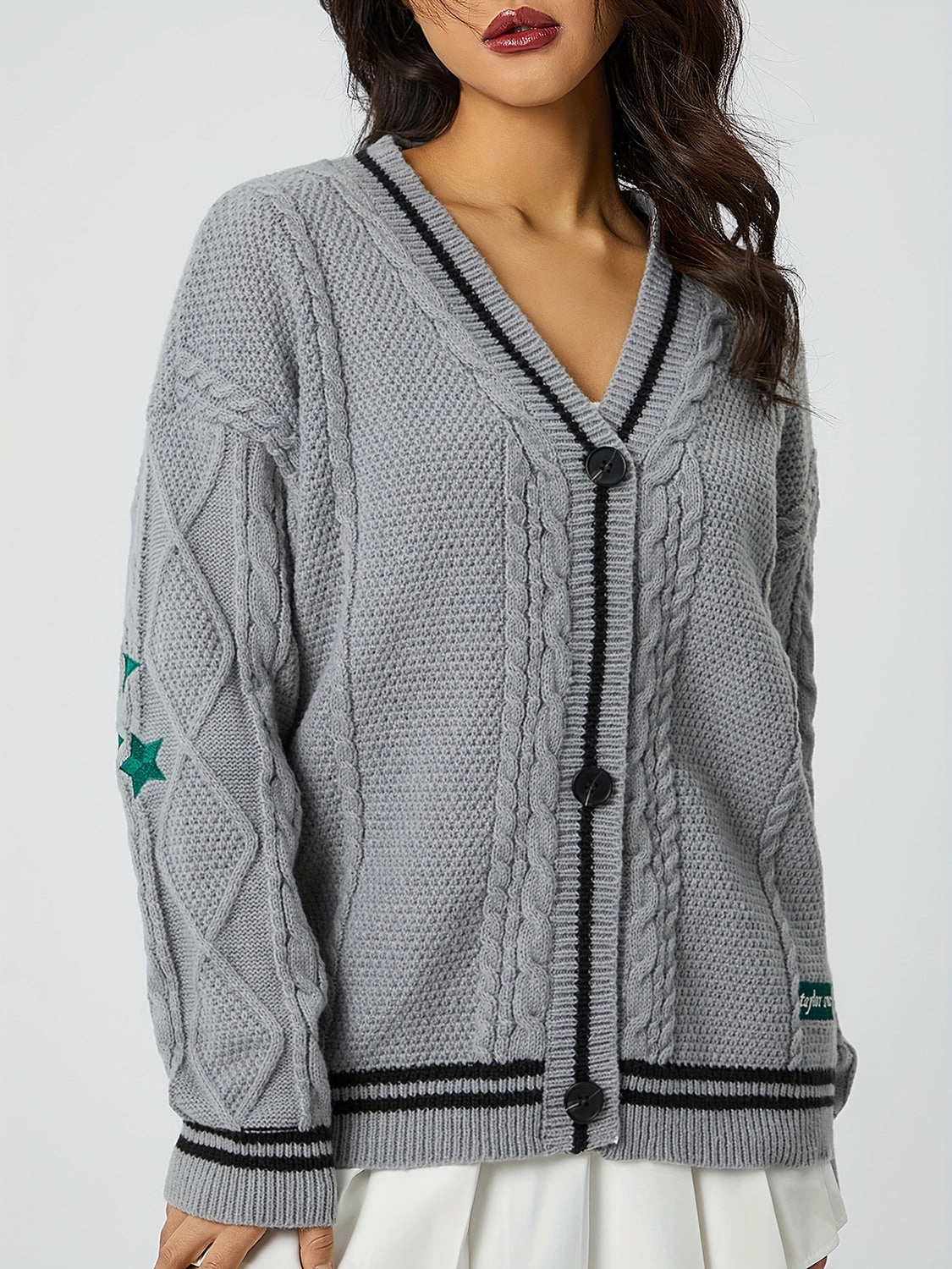 Grab It Before Gone Shop Save Big Star Embroidered V-Neck Long Sleeve Cardigan