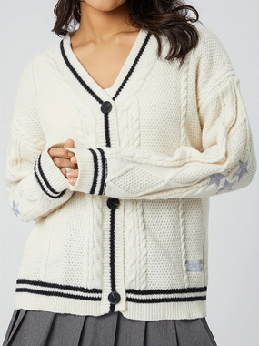EndofWeek Deals Star Embroidered V-Neck Long Sleeve Cardigan