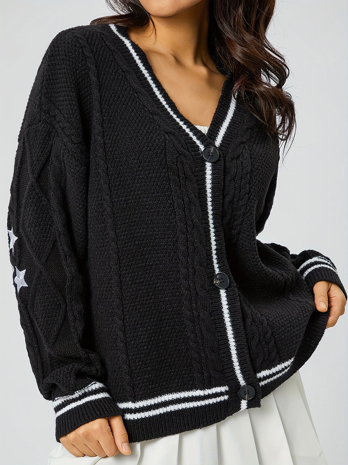 Star Embroidered V-Neck Long Sleeve Cardigan Price Drop Frenzy