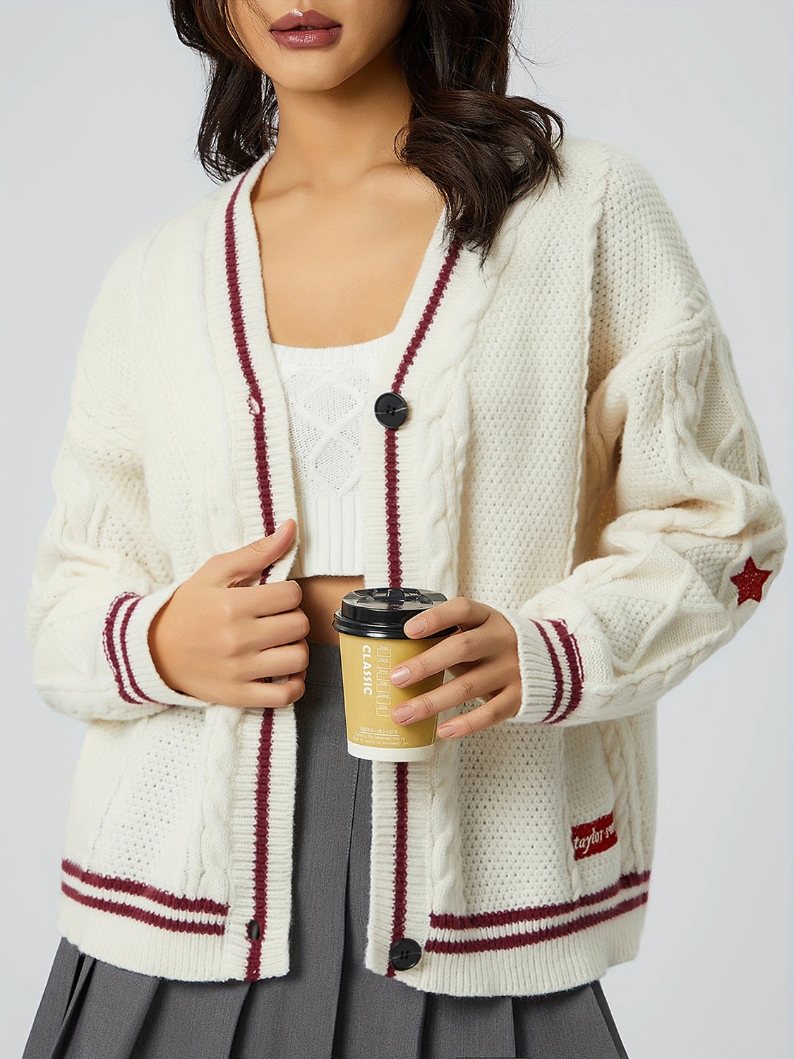 New Arrival Discount Clearance Alert Now Star Embroidered V-Neck Long Sleeve Cardigan
