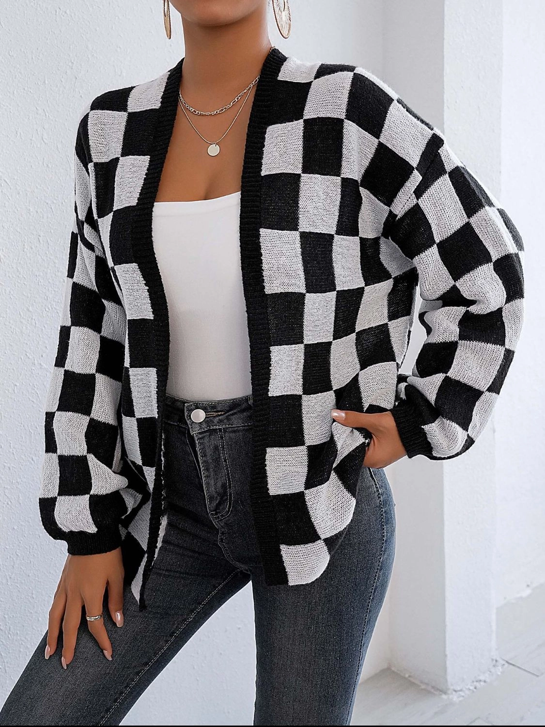 Limited Stock Alert Shop Hot Deals Checkered Open Front Long Sleeve Cardigan