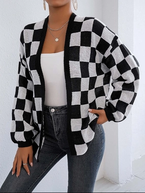 Checkered Open Front Long Sleeve Cardigan Trending Hot Picks Clearance Alert Now
