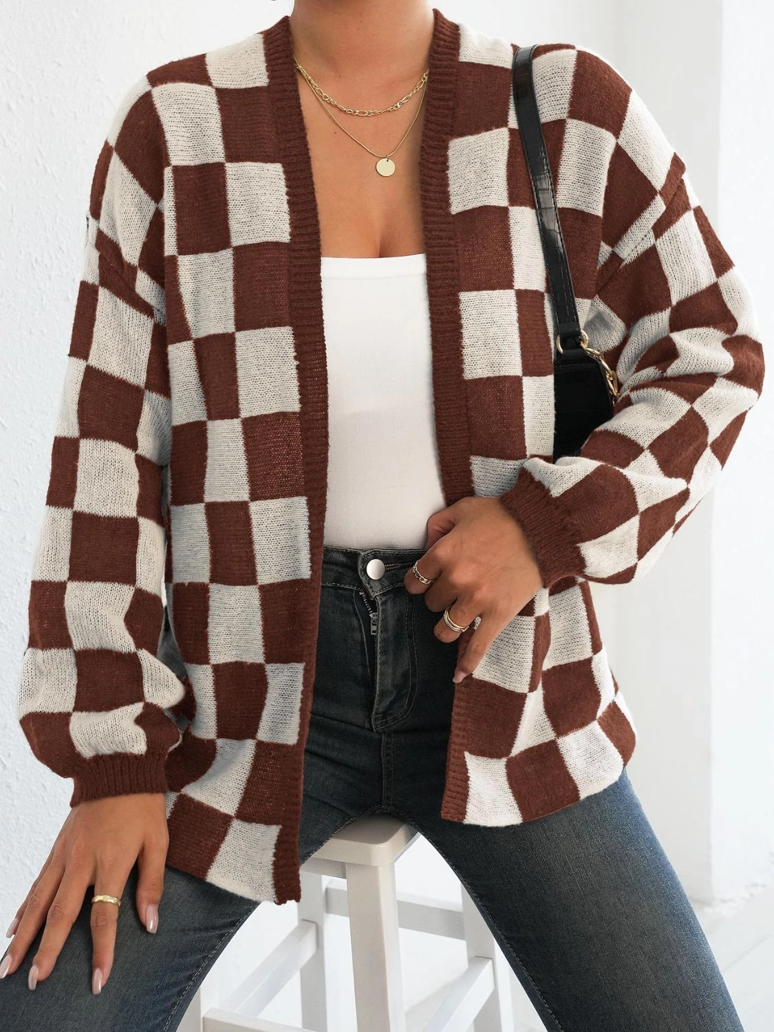 Checkered Open Front Long Sleeve Cardigan Shop Now Save Special Online Offer