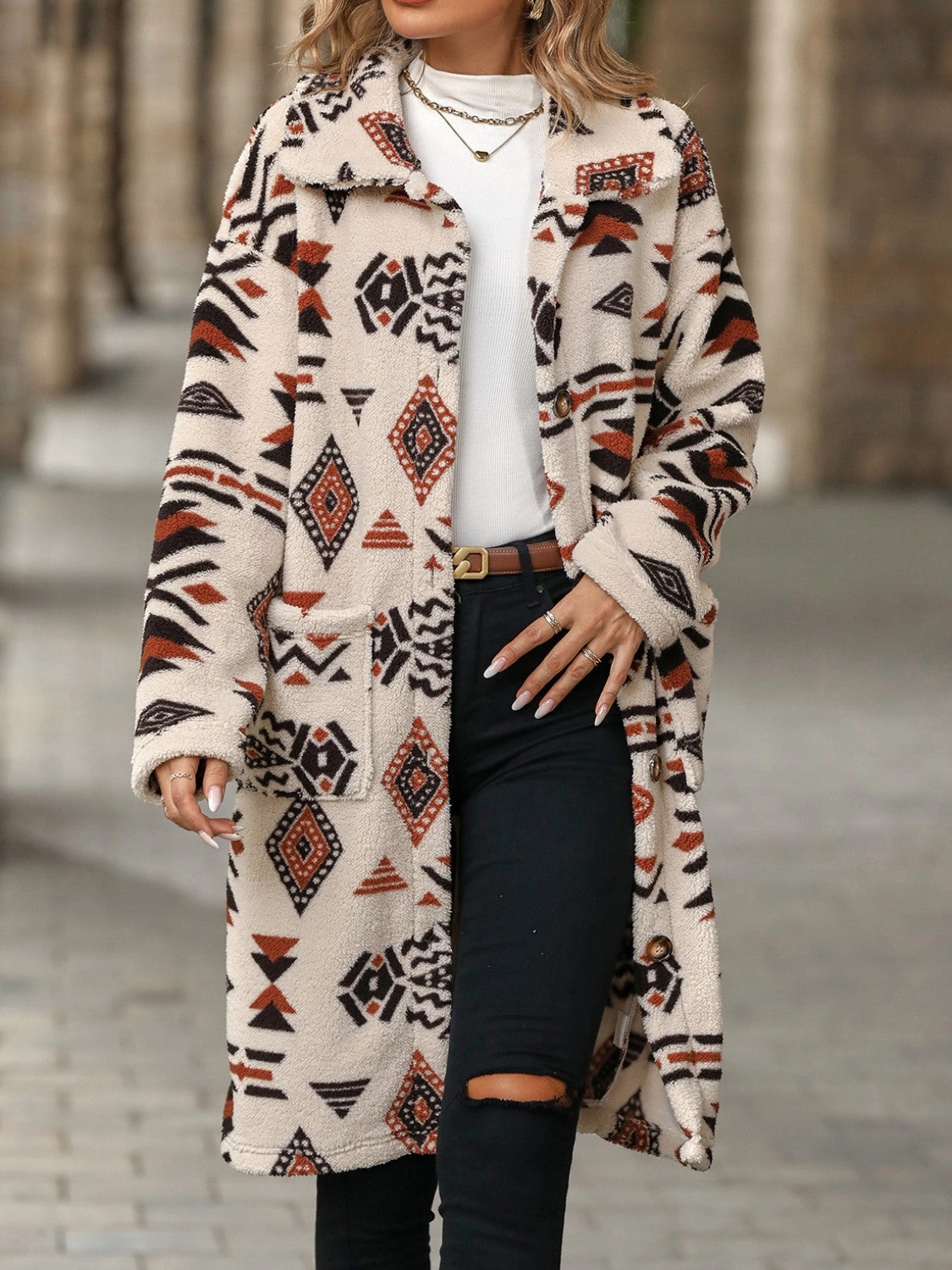 Sweet Deal Inside Exclusive Holiday Deal Geometric Pocketed Dropped Shoulder Coat