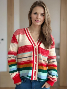 Shop Today Save Price Drop Alert Striped Button Down V-Neck Long Sleeve Cardigan
