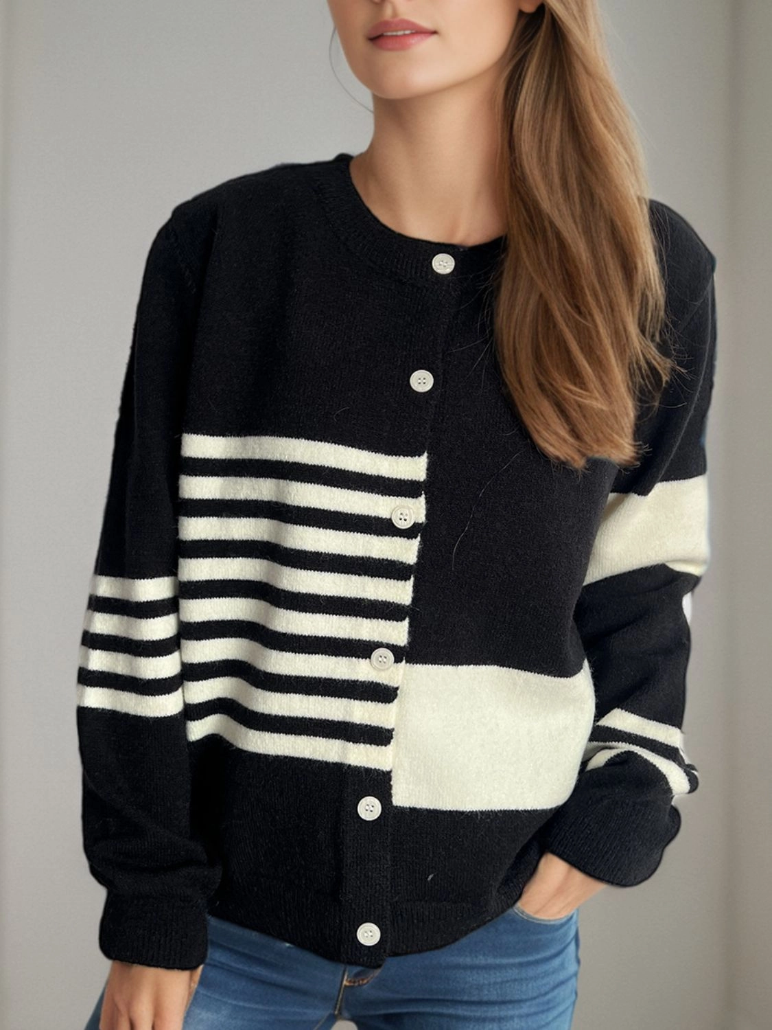 Clearance Event Striped Color Block Round Neck Cardigan