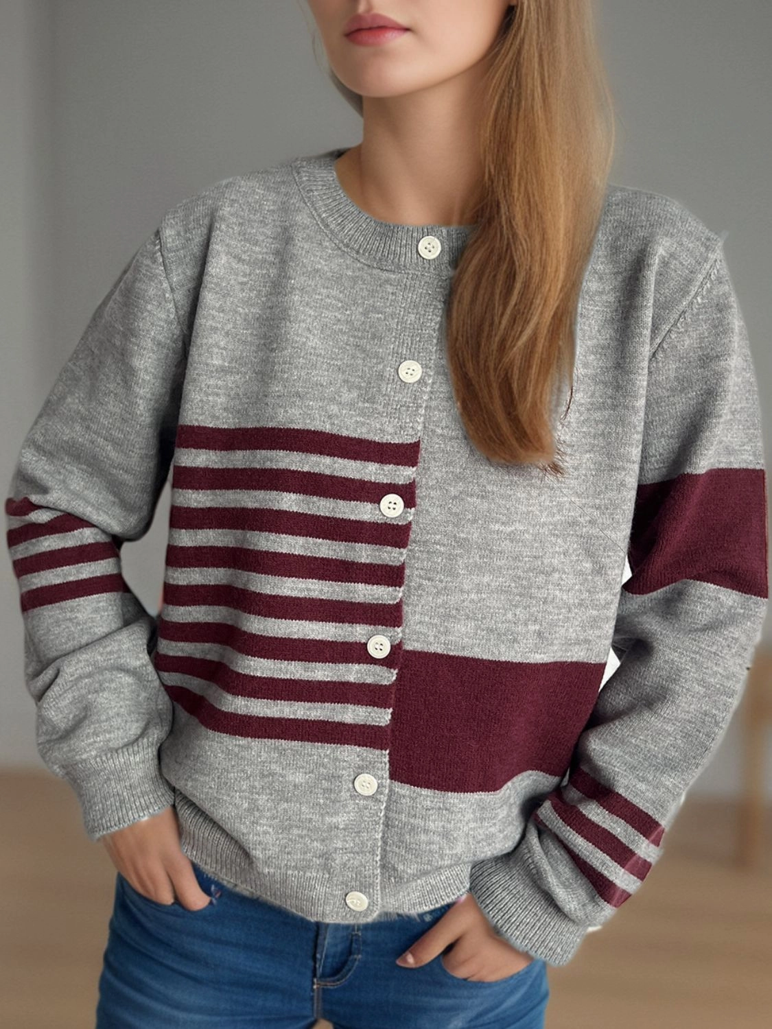 Striped Color Block Round Neck Cardigan Shop Grab Now