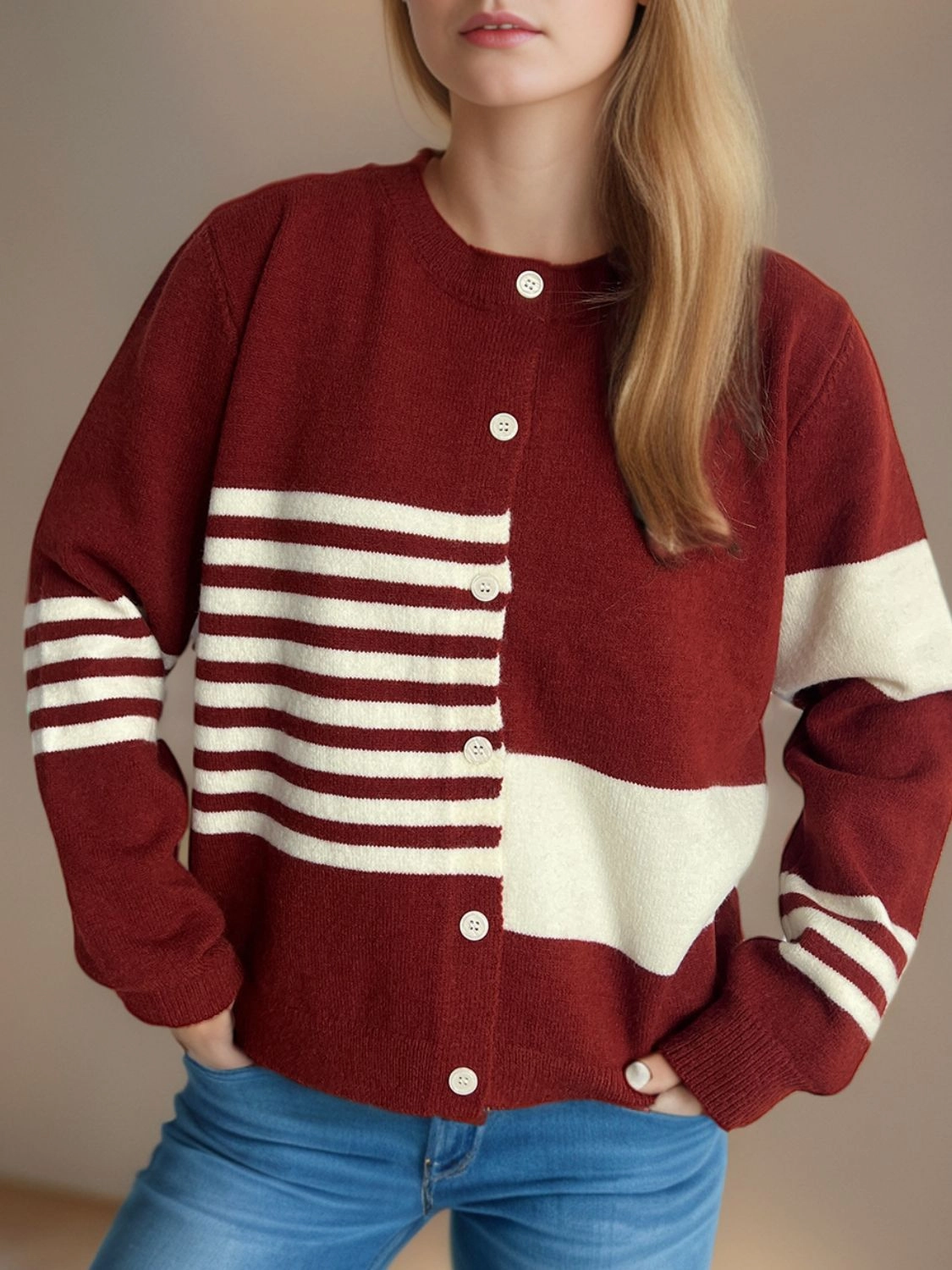 Striped Color Block Round Neck Cardigan Hot Pick Online