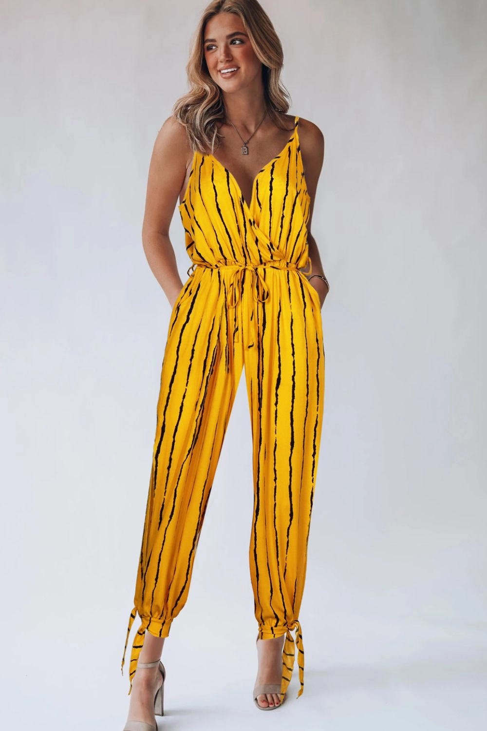 Striped Contrast Tie Ankle Spaghetti Strap Jumpsuit Todays Trending Deals