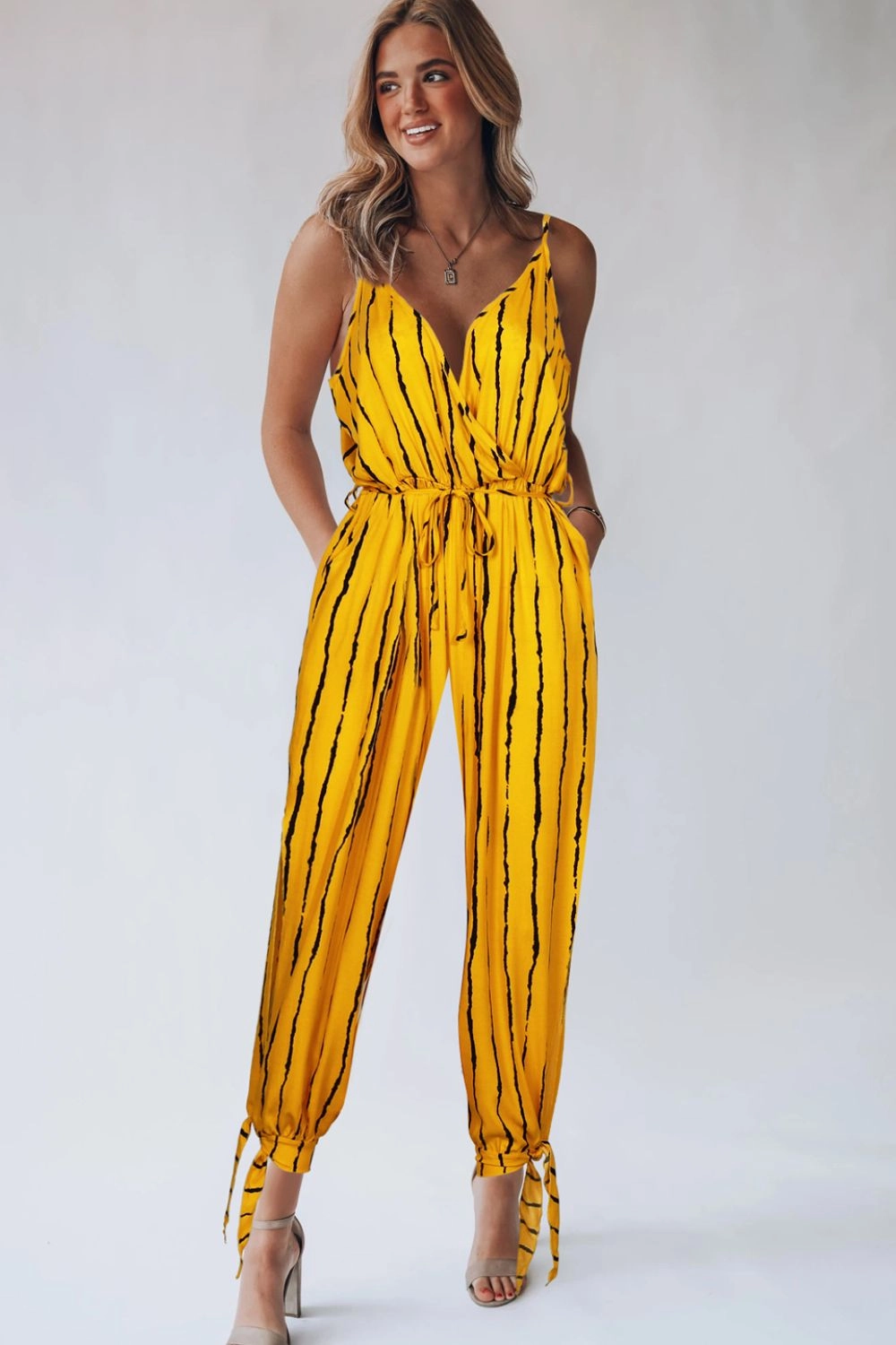 Today Only Special Striped Contrast Tie Ankle Spaghetti Strap Jumpsuit