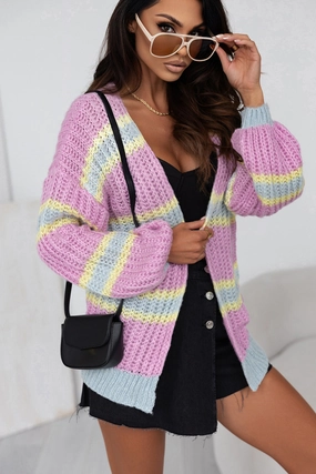 Striped Lantern Sleeve Dropped Shoulder Cardigan Mega Sale Now