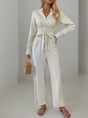 Exclusive Deal Inside Striped Notched Long Sleeve Tie Waist Jumpsuit