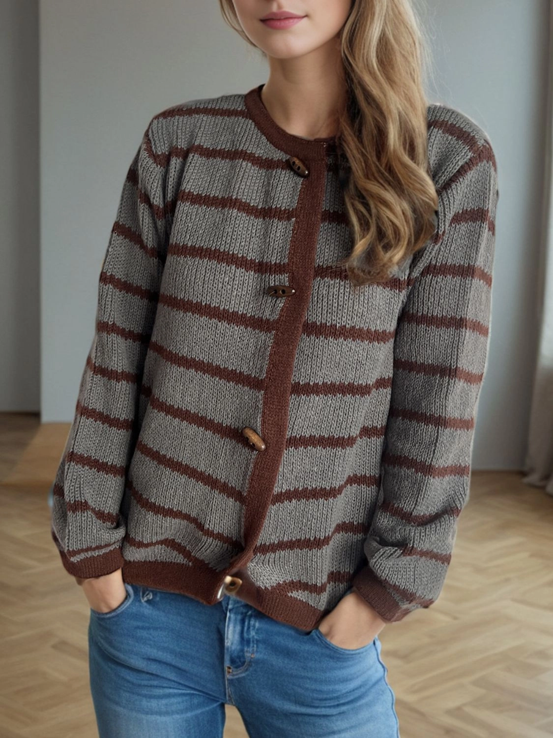 Striped Round Neck Long Sleeve Cardigan Todays Mega Savings