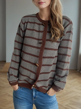 Striped Round Neck Long Sleeve Cardigan Todays Mega Savings