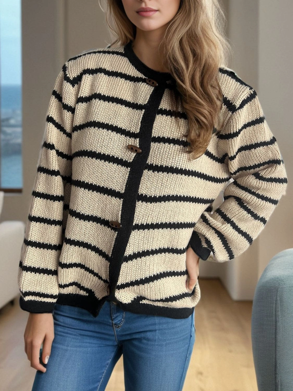 Special Savings Today Today Only Discount Alert Striped Round Neck Long Sleeve Cardigan