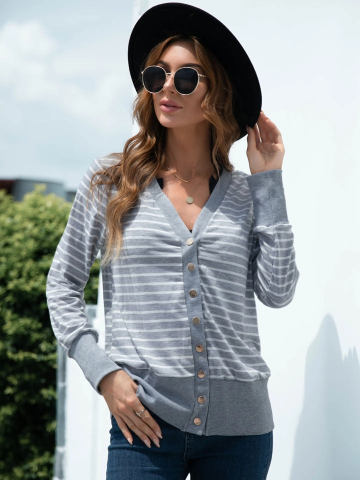 Trending Hot Deal Special Deals Online Striped Snap Down Long Sleeve Cardigan