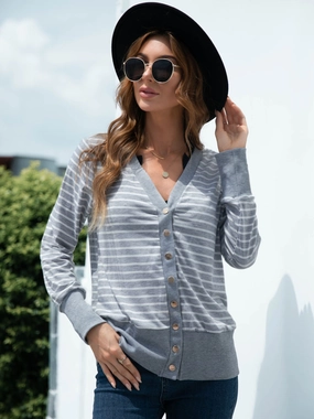 Trending Hot Deal Special Deals Online Striped Snap Down Long Sleeve Cardigan