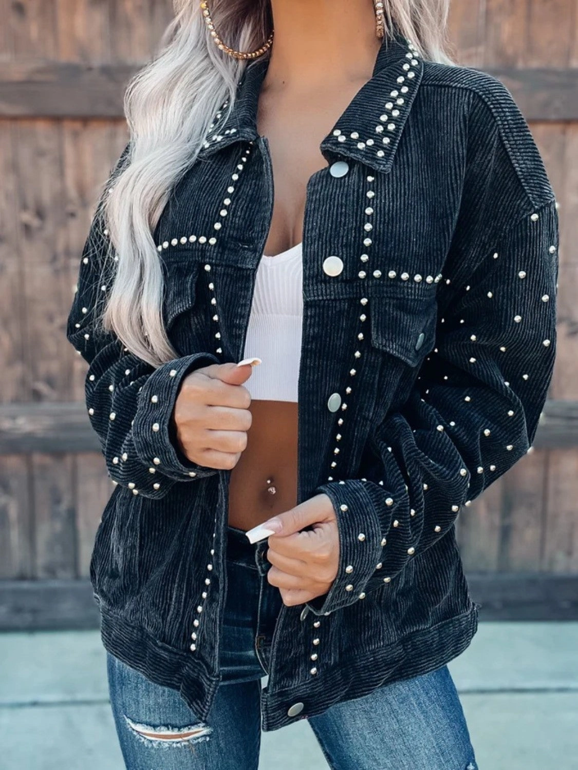 Studded Collared Neck Button Down Jacket Limited Stock Offer
