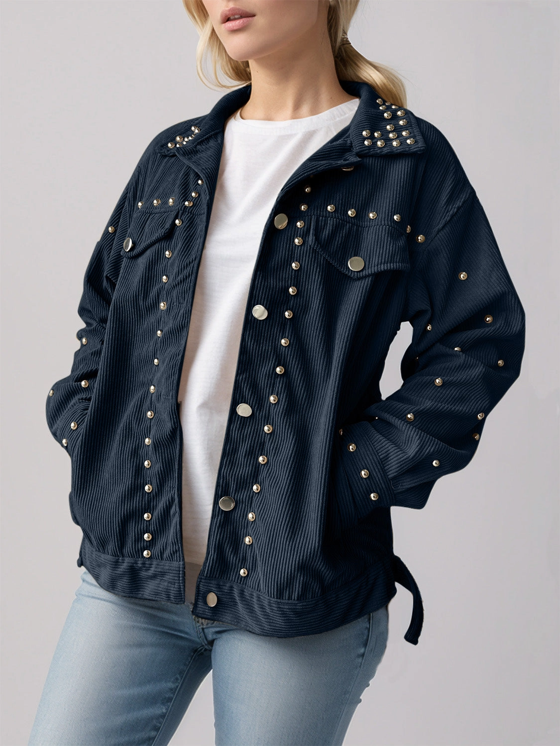 Limited Time Offer Studded Collared Neck Button Up Jacket