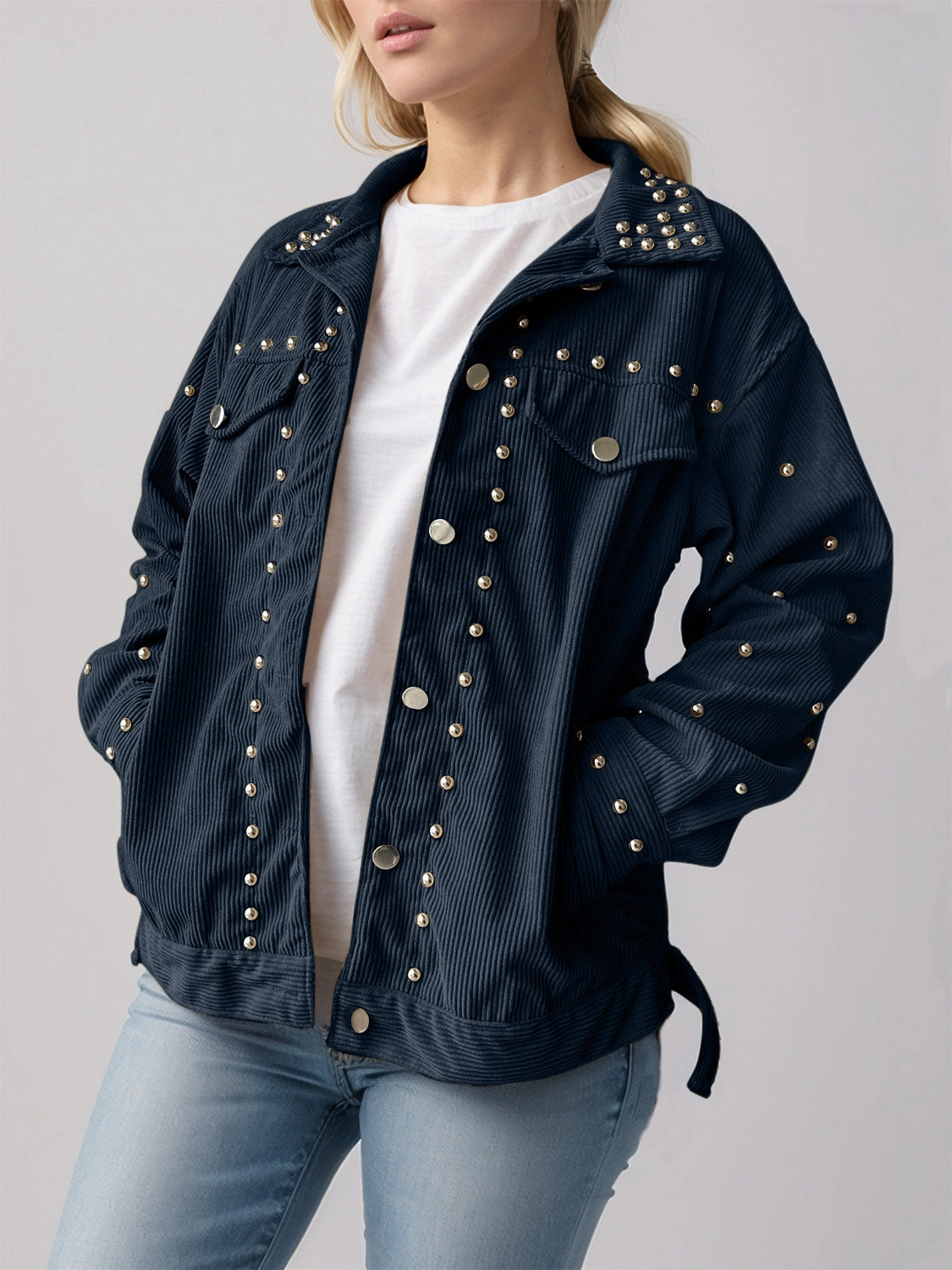 Dont Miss Out Studded Collared Neck Button Up Jacket