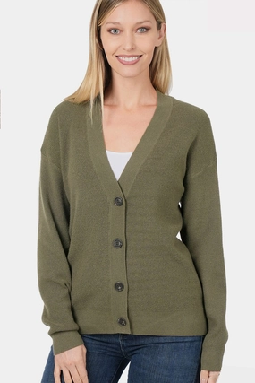 Hot Pick Sale Zenana Button Up V-Neck Dropped Shoulder Cardigan