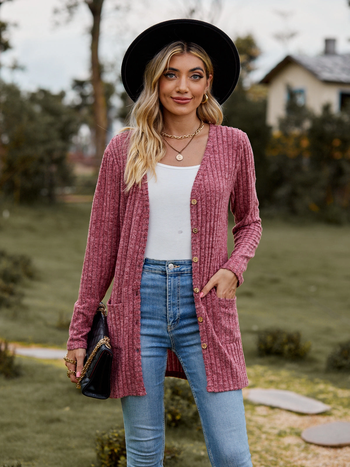 Ribbed Button-Up Cardigan With Pockets Shop Hot Deals