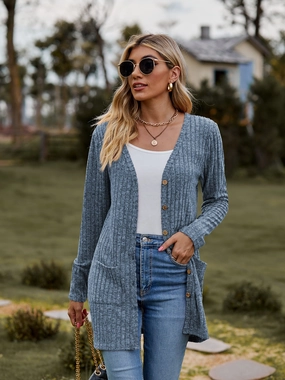New Arrival Discount Ribbed Button-Up Cardigan With Pockets