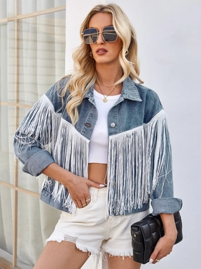 Tassel Button Up Dropped Shoulder Denim Jacket Special Offer Inside