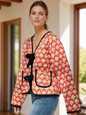 Tied Printed Long Sleeve Jacket Shop Today Save