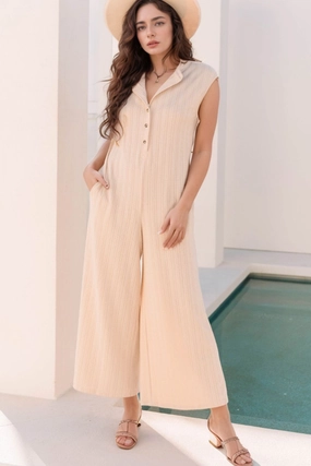 Textured Button Front Wide Leg Cap Sleeve Jumpsuit Save Big Today