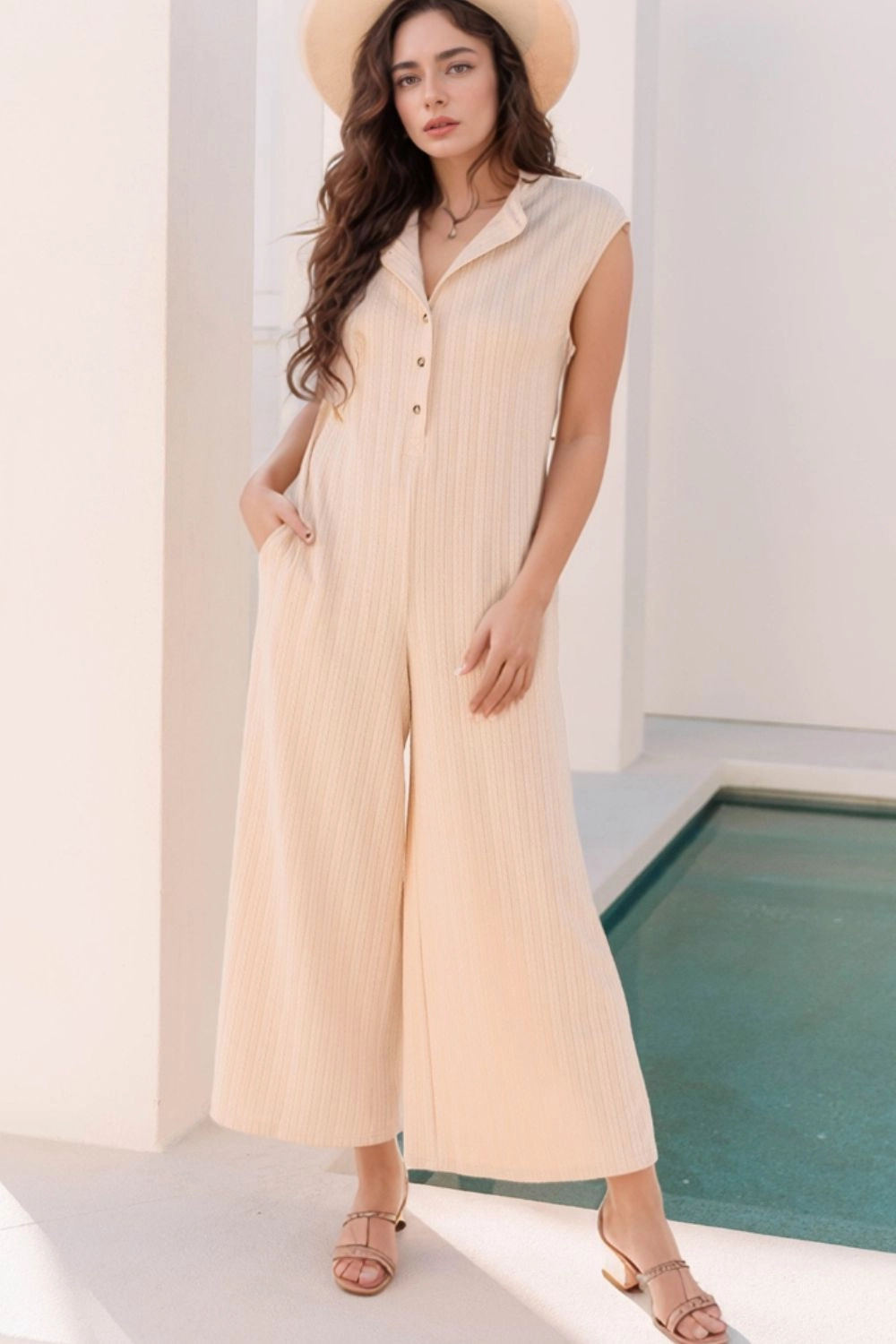 Textured Button Front Wide Leg Cap Sleeve Jumpsuit Instant Hot Deal Online Exclusive Steal