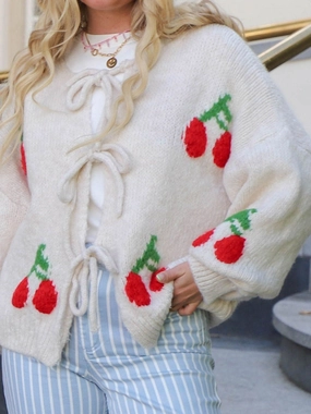 Tied Cherry Round Neck Long Sleeve Cardigan Big Savings Event