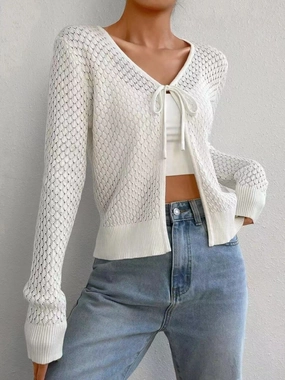 Tied Openwork V-Neck Long Sleeve Cardigan Surprise Offer Now Hot Deal Alert